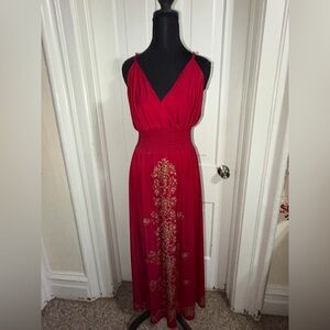 Women’s plus size 1X Dots Red Maxi Dress with Gold Detailing